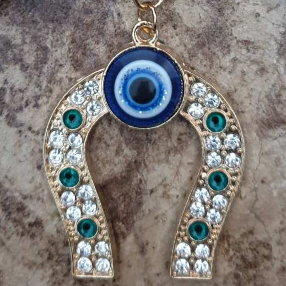 Horse Shoe Key Chain Key Ring with 7 Eyes Evil Eye Handbag Charm Accessory Gift